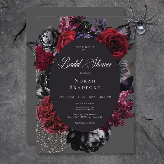 Mörk Halloween Glam Blommigt Black Möhippa Inbjudningar (Dark Halloween Glam Floral Black Bridal Shower Invitation)