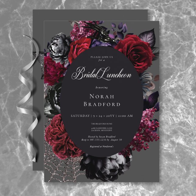 Mörk Halloween Glam Blommigt Black Möhippa Luncheo Inbjudningar (Dark Halloween Glam Floral Black Bridal Luncheon Invitation)