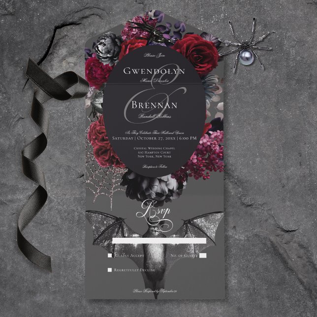 Mörk Halloween Glam Blommigt Grått No Dinner (Dark Halloween Glam Floral Gray No Dinner All In One Invitation)