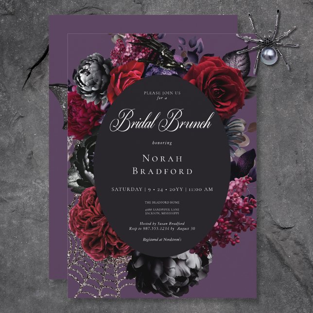 Mörk Halloween Glam Blommigt Lila Möhippa Brunch Inbjudningar (Dark Halloween Glam Floral Purple Bridal Brunch Invitation)