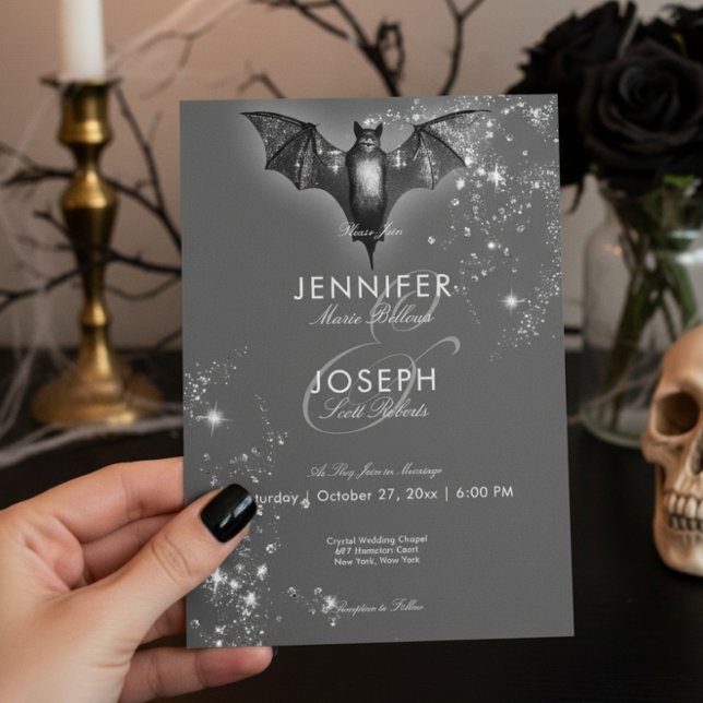 Mörk Halloween Glam Fladdermus & Diamonds Bröllop Inbjudningar (Skapare uppladdad)