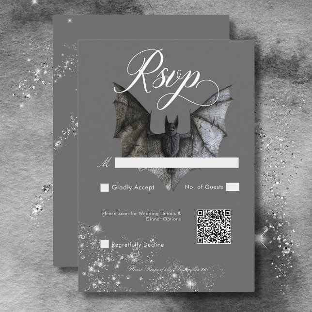 Mörk Halloween Glam Fladdermus & Diamonds Bröllop  OSA Kort (Dark Halloween Glam Bat & Diamonds Wedding QR Code RSVP Card)