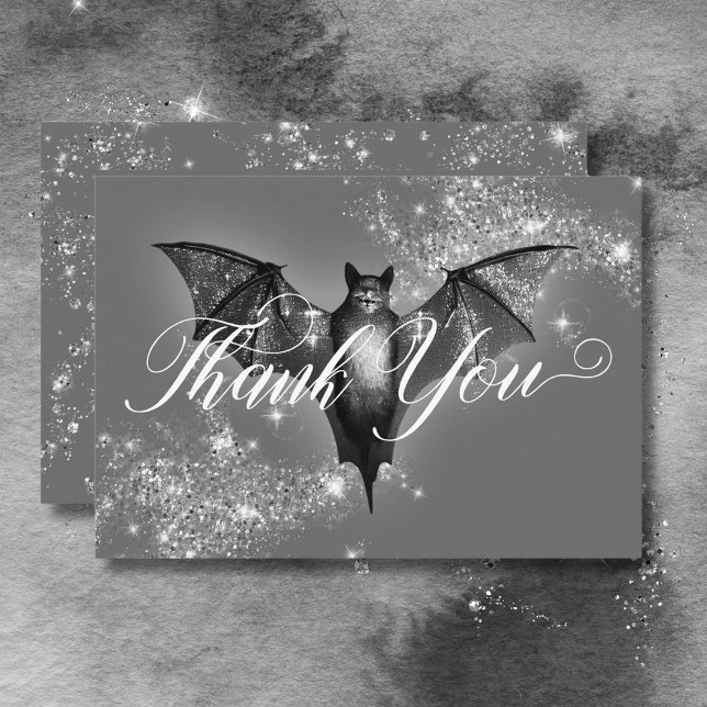Mörk Halloween Glam Fladdermus & Diamonds Bröllop Tack Kort (Dark Halloween Glam Bat & Diamonds Wedding Thank You Card)