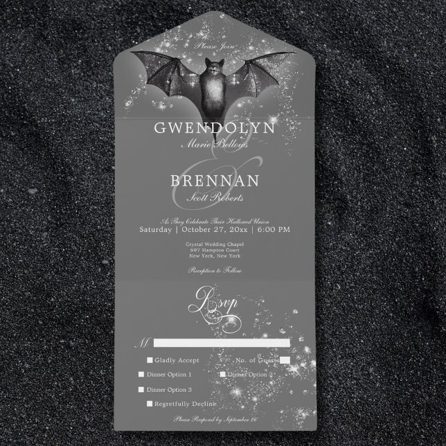 Mörk Halloween Glam Fladdermus & Diamonds Middag (Dark Halloween Glam Bat & Diamonds Dinner All In One Invitation)