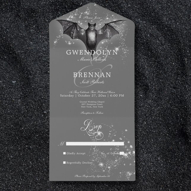 Mörk Halloween Glam Fladdermus & Diamonds No Midda (Dark Halloween Glam Bat & Diamonds No Dinner All In One Invitation)