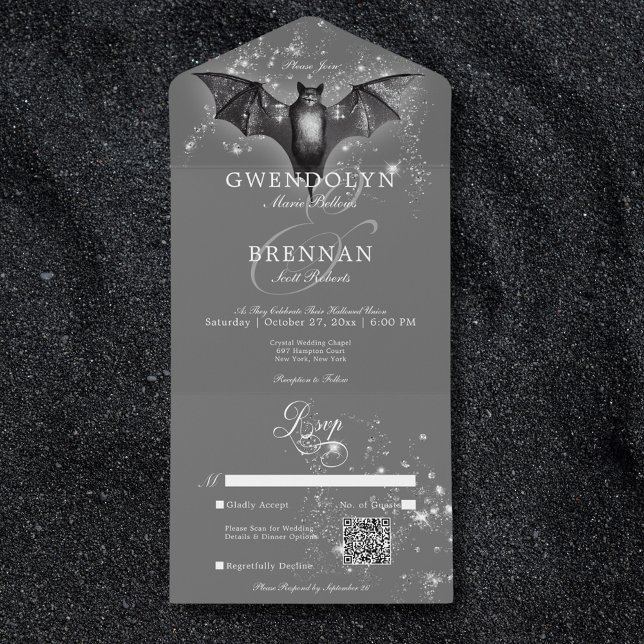 Mörk Halloween Glam Fladdermus & Diamonds QR-kod (Dark Halloween Glam Bat & Diamonds QR Code All In One Invitation)
