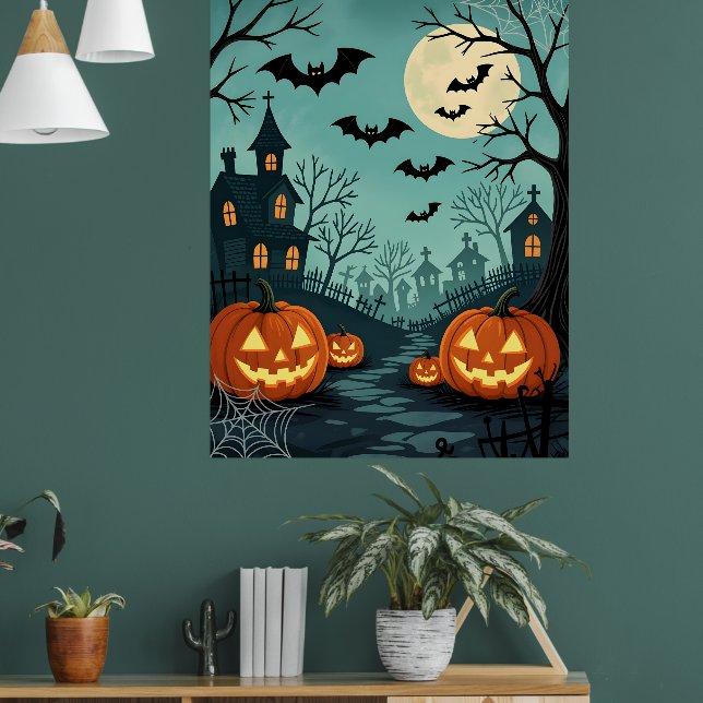 Mörk Halloween liggande med Fladdermus & Spindelnä Poster (Vardagsrum 1)