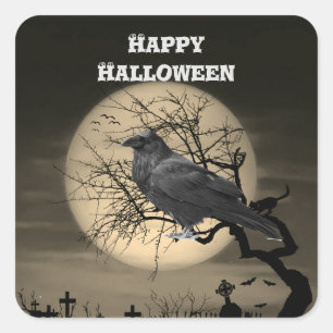 Mörk Halloween Raven i Träd Fyrkantigt Klistermärke