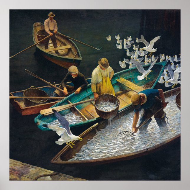 Mörk Harbour Fishermen av Newell Convers Wyeth Poster (Framsidan)