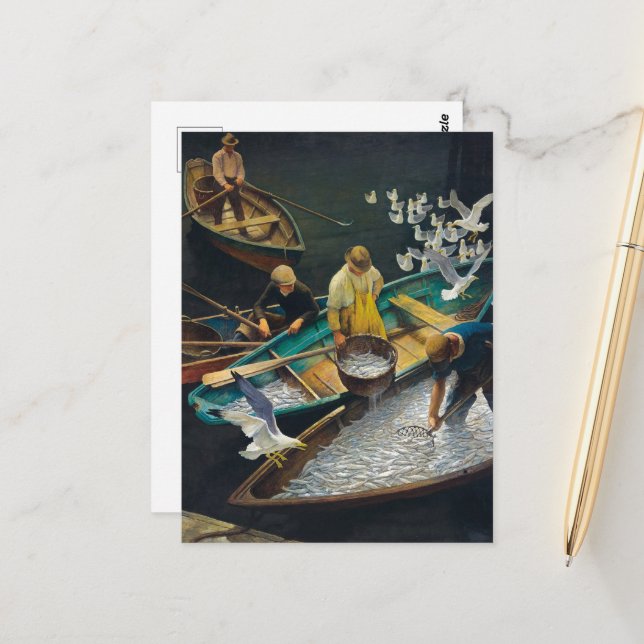 Mörk Harbour Fishermen av Newell Convers Wyeth Vykort (Fram/Back In Situ)