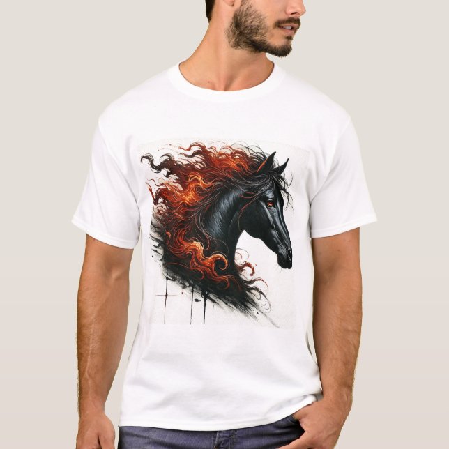 Mörk Häst Med Eldig Man T Shirt (Framsida)