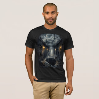 Mörk Hemsökt Fantasy Korridor med Månbelyst Himmel T Shirt