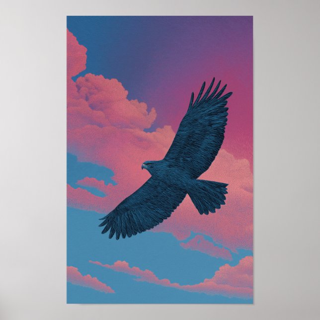 Mörk hök med utbredda vingar över en solnedgångshi poster (Framsidan)