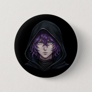 Mörk hoodie animepojke med lila hår knapp