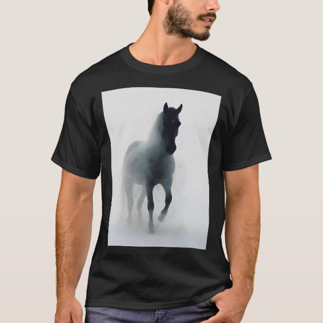 Mörk Horse in Fog - Etheral Mystical Wall Art T Shirt (Framsida)