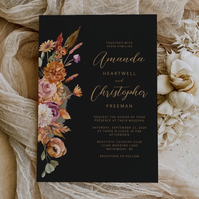 Mörk Höstblomma Skript Bröllop Inbjudningar (Skapare uppladdad)