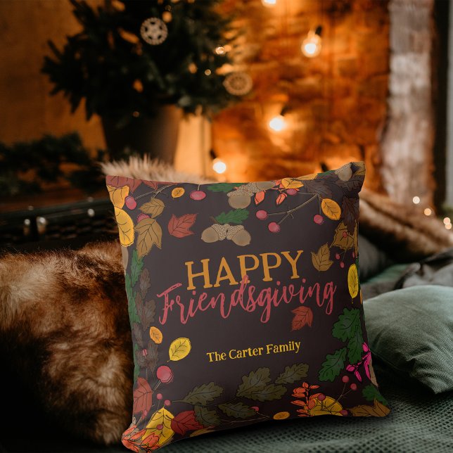 Mörk höstbotanisk Glad Friendsgiving Kudde (Skapare uppladdad)