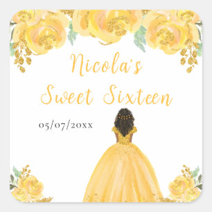 Mörk hud prinsessa guld blommig Sweet Sixteen Fyrkantigt Klistermärke