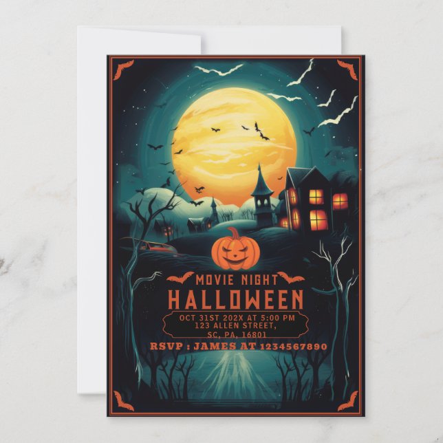 MÖRK ILLUSTRATRATION SPOOKY HALLOWEEN MOVIE KVÄLL INBJUDNINGAR (Framsida)