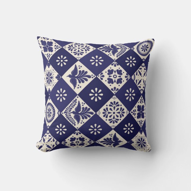 Mörk Indigo Beige Mexikansk Blommig Fågel Talavera Kudde (Framsida)