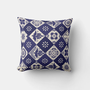 Mörk Indigo Beige Mexikansk Blommig Fåglar Talaver Kudde