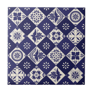Mörk Indigo Beige Mexikanska Blommigten Birds Tala Kakelplatta