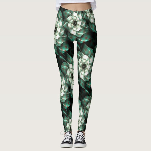 Mörk Jade-Grönt och Vit ramunn Abstrakt Leggings (Framsida)
