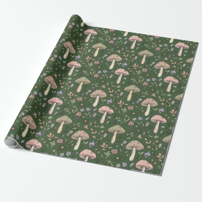 Mörk Jägare Grön Dyster Svamp Sömlös Mönster Presentpapper (Utrullad)