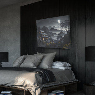 Mörk Japansk nattlandskap Moonlight Temple Canvastryck