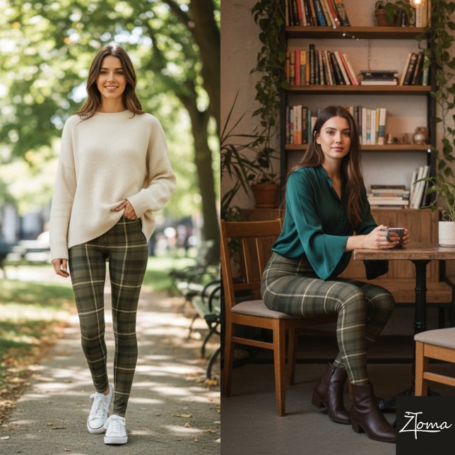 Mörk khaki-rutig tartan-tyg leggings (Skapare uppladdad)