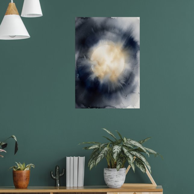 Mörk kosmisk glödande månnebulosa rymdkonstaffisch poster (Vardagsrum 1)