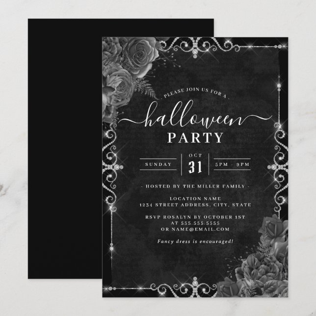 Mörk kuslig blomsterros Halloweenfest  Inbjudningar (Fram/baksida)