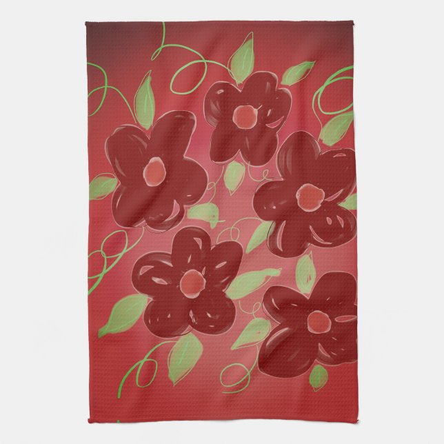 Mörk lada röd blommigt kökshandduk (Vertikal)