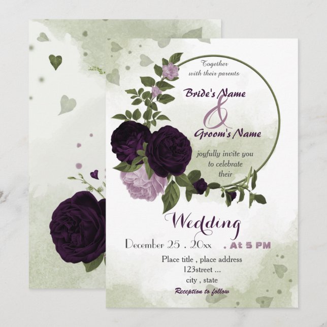 mörk Light lila blommor greenery wandey bröllop Inbjudningar (Fram/baksida)