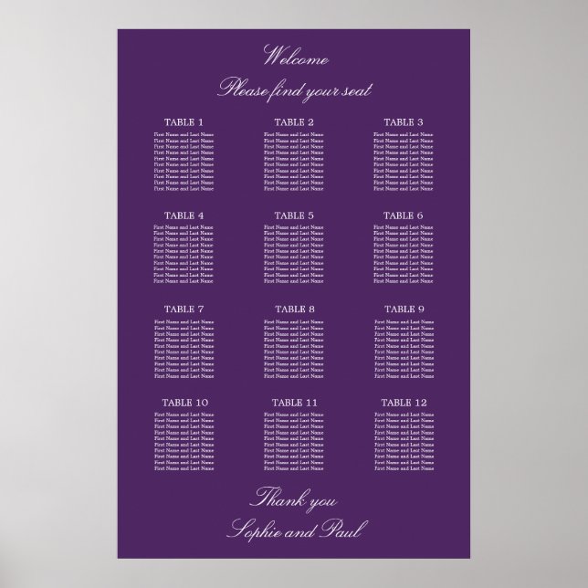 Mörk Lila 12  med sätesschemat Bord Bröllop Poster (Framsidan)