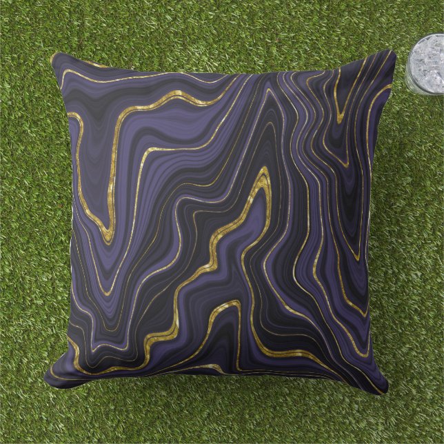 Mörk Lila Black och Guld Marble Titta Mönster Kudde (Gräs)