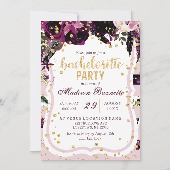 Mörk Lila Blommigt Bachelorette-partiets inbjudan (Framsida)