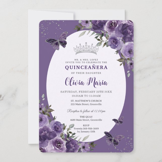 Mörk Lila Blommigt Butterflies Silver Quinceañera Inbjudningar (Framsida)