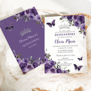 Mörk Lila Blommigt Butterflies Silver Quinceañera Inbjudningar