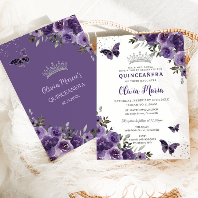 Mörk Lila Blommigt Butterflies Silver Quinceañera Inbjudningar (Skapare uppladdad)