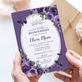Mörk Lila Blommigt Butterflies Silver Quinceañera Inbjudningar