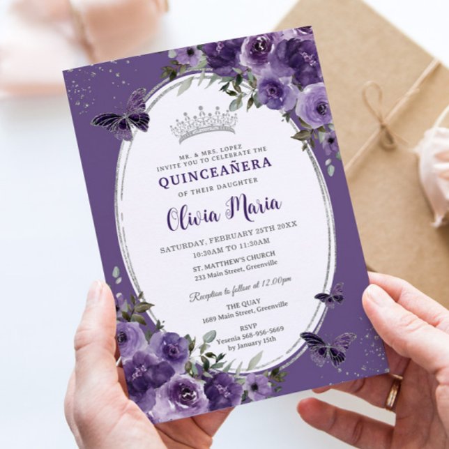 Mörk Lila Blommigt Butterflies Silver Quinceañera Inbjudningar (Skapare uppladdad)
