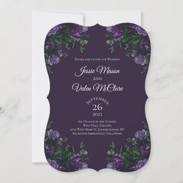 Mörk Lila Blommigt Elegant bröllop Gothic Inbjudningar (Framsida)