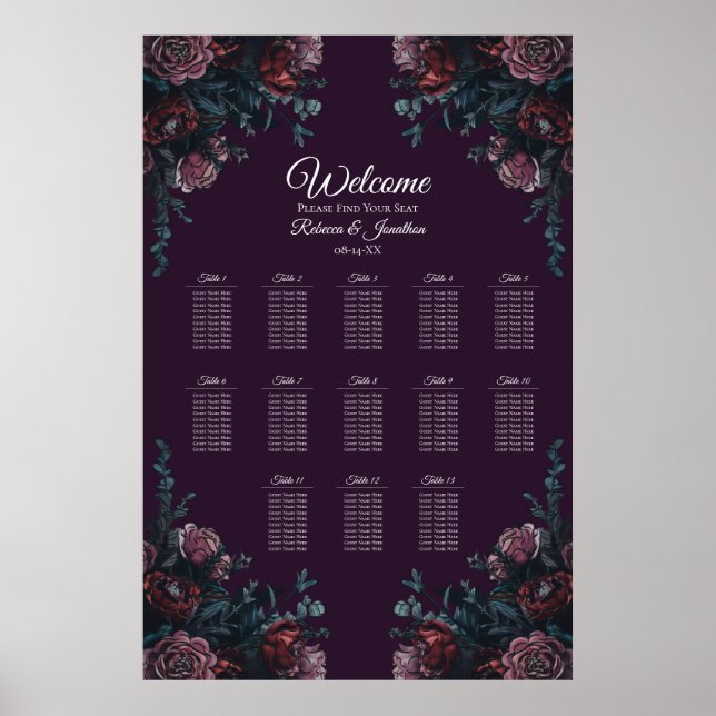 Mörk Lila Blommigt Elegant bröllop Maroon Mauve Poster (Framsidan)