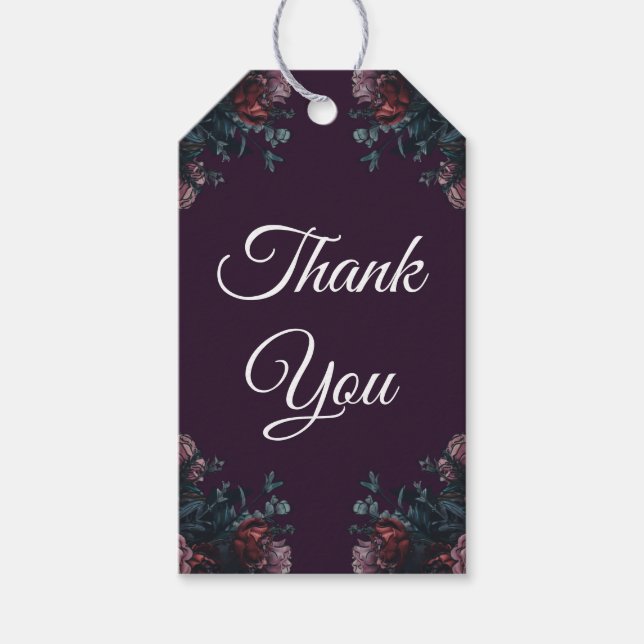 Mörk Lila Blommigt Elegant bröllop Maroon Mauve Presentetikett (Framsidan)