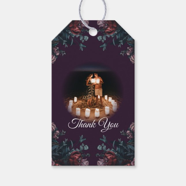 Mörk Lila Blommigt Elegant bröllop Maroon Mauve Presentetikett (Framsidan)