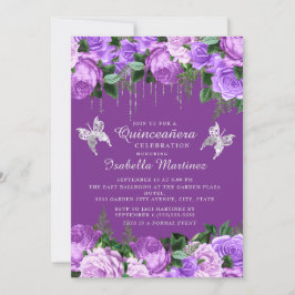 Mörk Lila Blommigt Silver Butterflies Quinceañera Inbjudningar