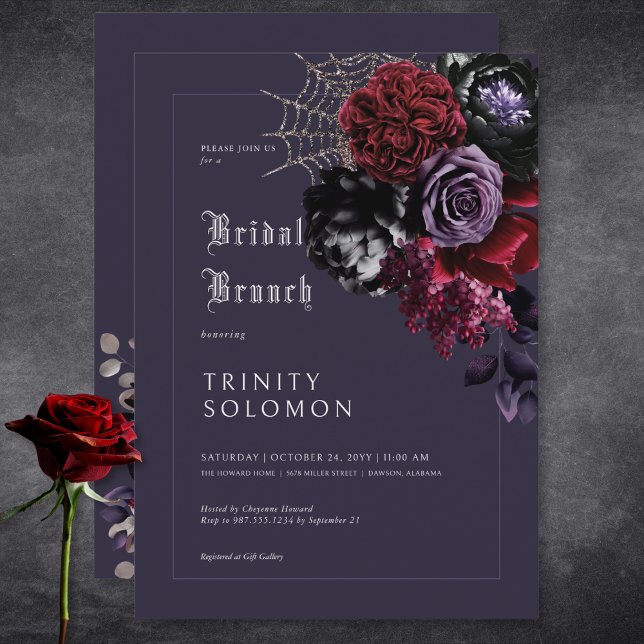 Mörk Lila Blommigt & Silver Webben Möhippa Brunch Inbjudningar (Dark Purple Floral & Silver Web Bridal Brunch Invitation)