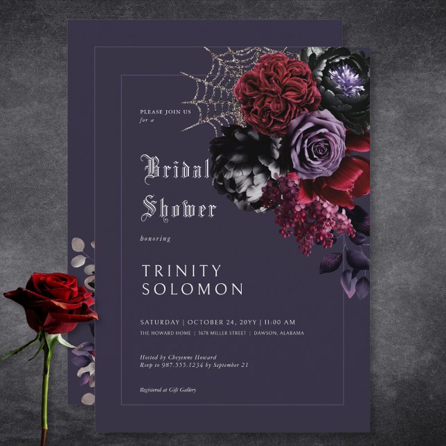 MÖRK LILA BLOMMIGT & SILVER WEBBEN MÖHIPPA INBJUDNINGAR (Dark Purple Floral & Silver Web Bridal Shower Invitation)
