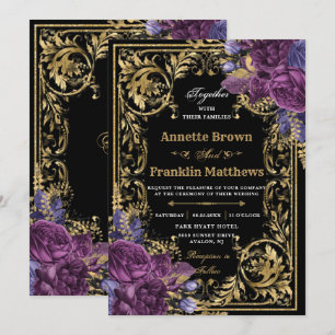 Mörk Lila Blommigt Vintage Ornate Guld Bröllop  Inbjudningar